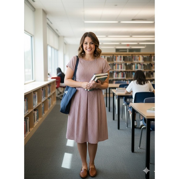 DownEast Dresses & Skirts - Downeast Womens Pink Geometric Floral Fit Flare Pleated Modest Dress Large L